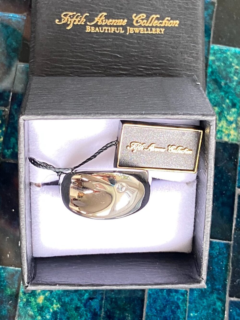 Fifth Avenue High Polish Stainless Steel Crystal Dome Wave Ring Fits sz 8.5 NWT